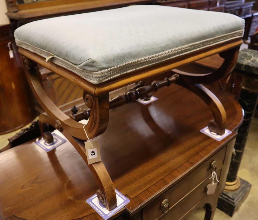 A Victorian walnut X-framed dressing stool on scroll-carved legs, width 58cm depth 50cm height 44cm